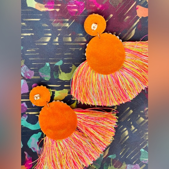 NEIMAN MARCUS Neon Orange & Turquoise Boho Hand Beaded Fringe Statement Earrings - Picture 15 of 15